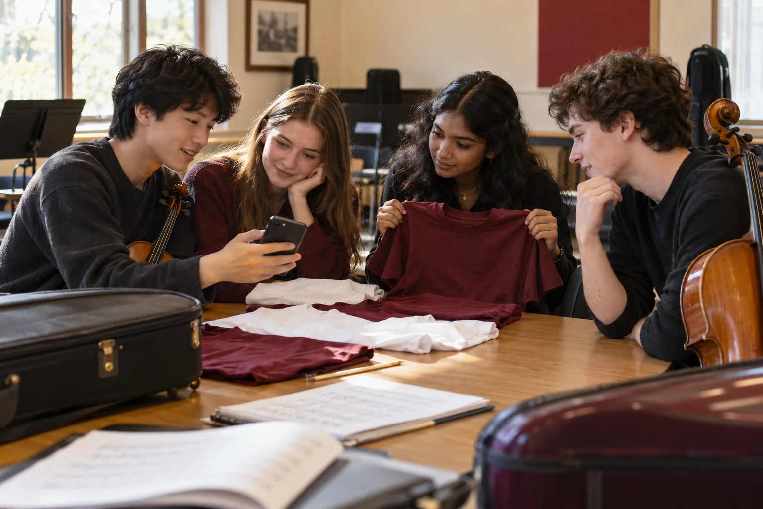 Illustration of chamber orchestra students discussing matching clothing