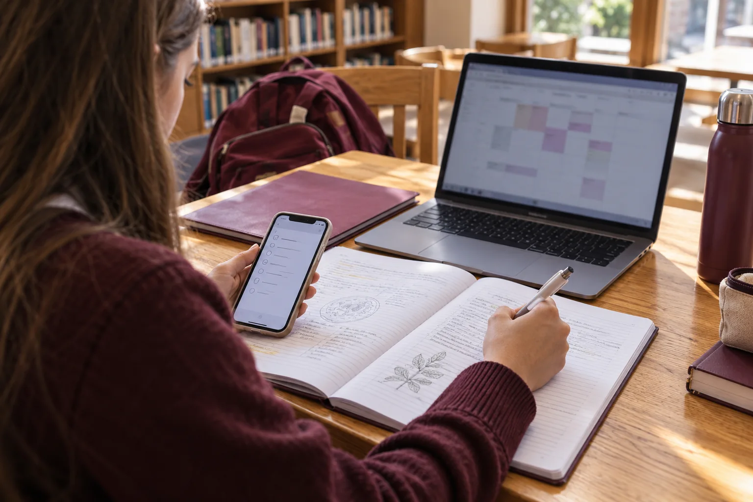 Illustration of a student planning assignments at a library desk